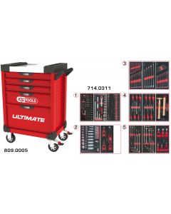 Servante ULTIMATE rouge 5 tiroirs équipée de 311 outils