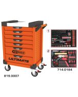Servante ULTIMATE orange 7 tiroirs équipée de 184 outils